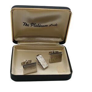 Vintage "Platinum Look" Cufflinks & Tie Bar Set, Brushed Silver Tone in Original